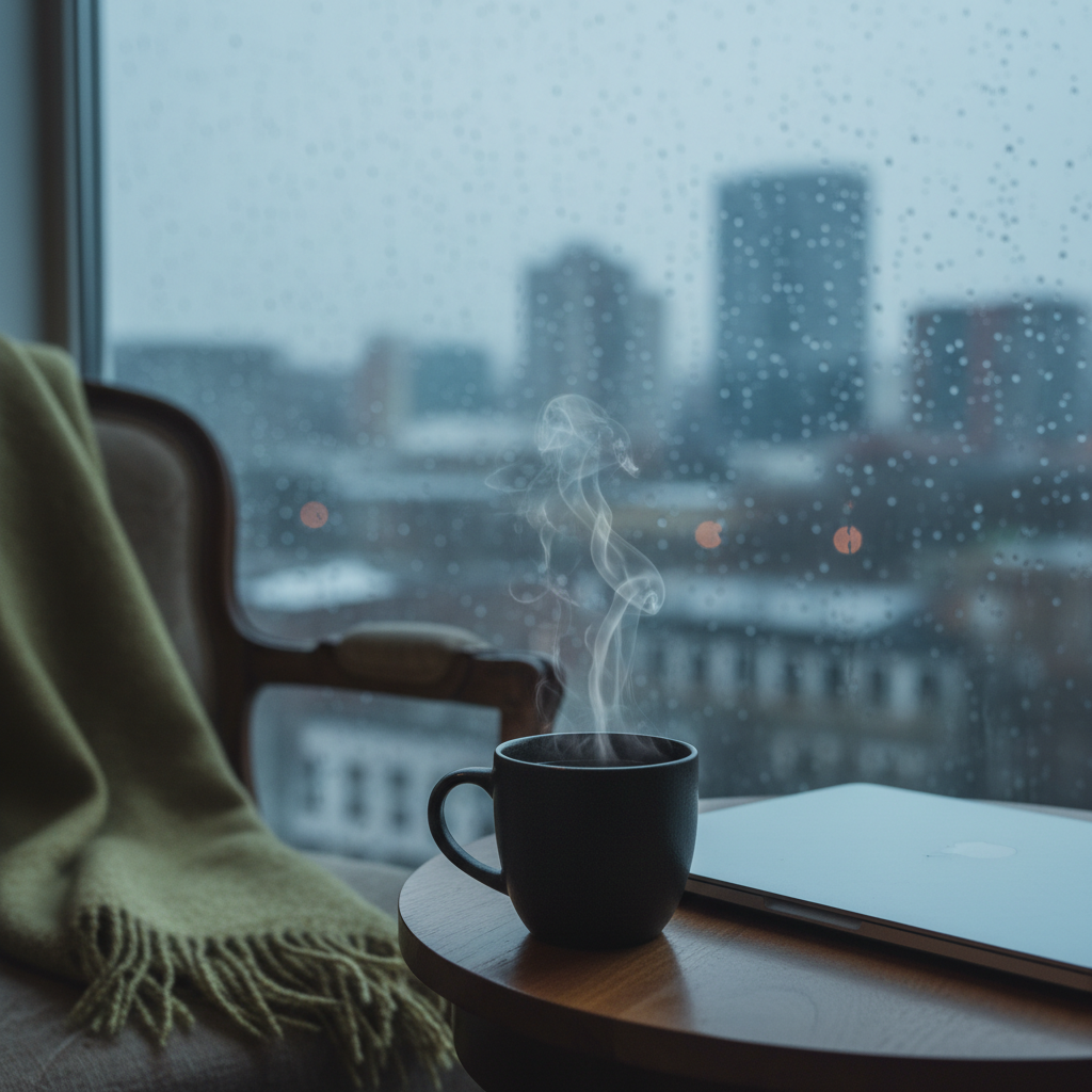 A dark porcelain mug of herbal tea, faint wisps of steam curling into the air, rests beside a closed laptop on a small round table near a window on a rainy day. Droplets trace slow paths down the cool glass, blurring a cityscape outside into soft, indistinct shapes. A folded wool blanket drapes over the back of a nearby armchair, edges slightly frayed. The scene is lit by diffused overcast light, giving everything a muted, bluish-gray tone. Photographic realism with a close, eye-level composition and shallow depth of field centers the mug, evoking the intimate, solitary ritual of pausing over racing thoughts to find a moment of emotional quiet.