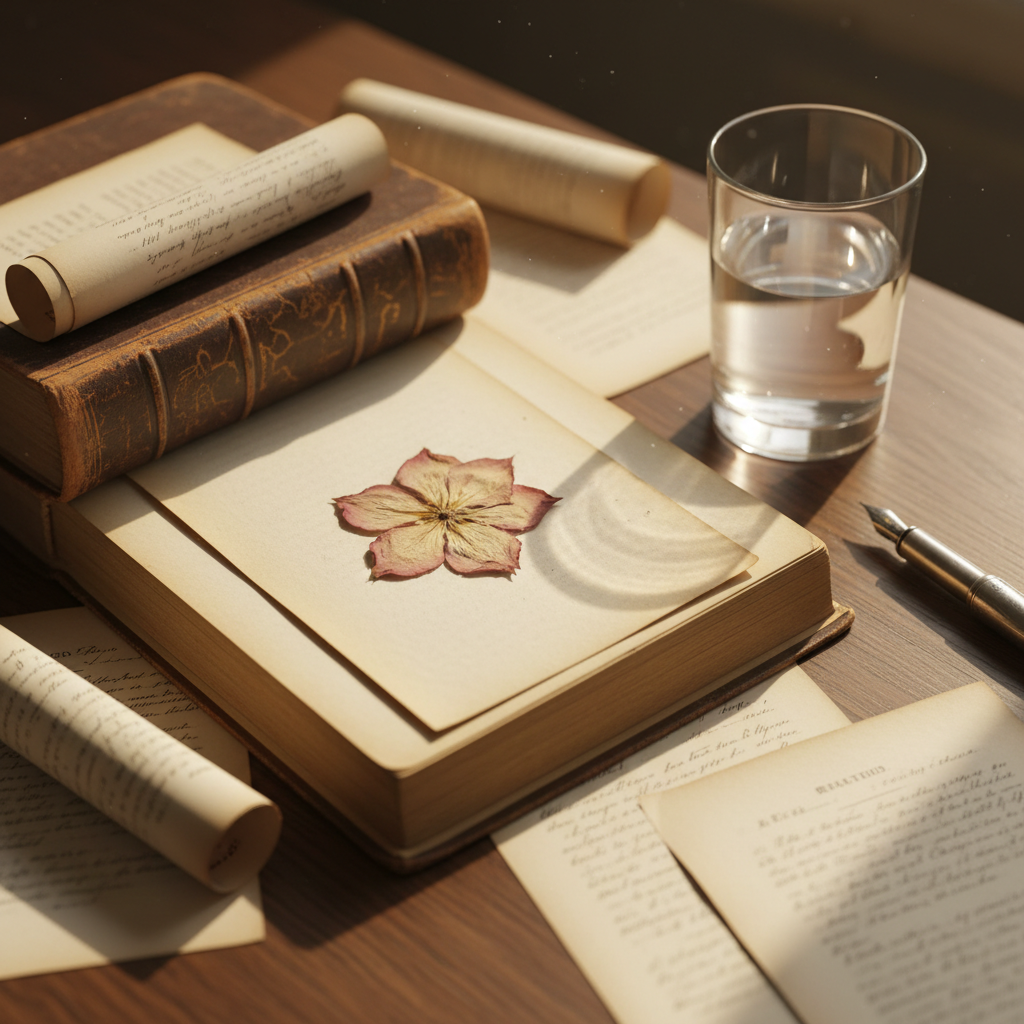 A single, delicate dried flower—its petals a muted rose and ivory—lies carefully pressed between the translucent pages of an open, vintage book on a wooden desk. Around it, scattered pages hold faint, handwritten notes and underlined sentences, all softly out of focus. A slender glass of water, half finished, sits nearby, catching flecks of warm golden-hour sunlight that streams in from an unseen window, casting gentle patterns across the paper. Photographic realism with a top-down, slightly angled composition emphasizes the flower as a symbol of past hurt preserved and examined. The mood is introspective and slightly melancholic, yet tender, suggesting a thoughtful re-reading of old emotional stories.